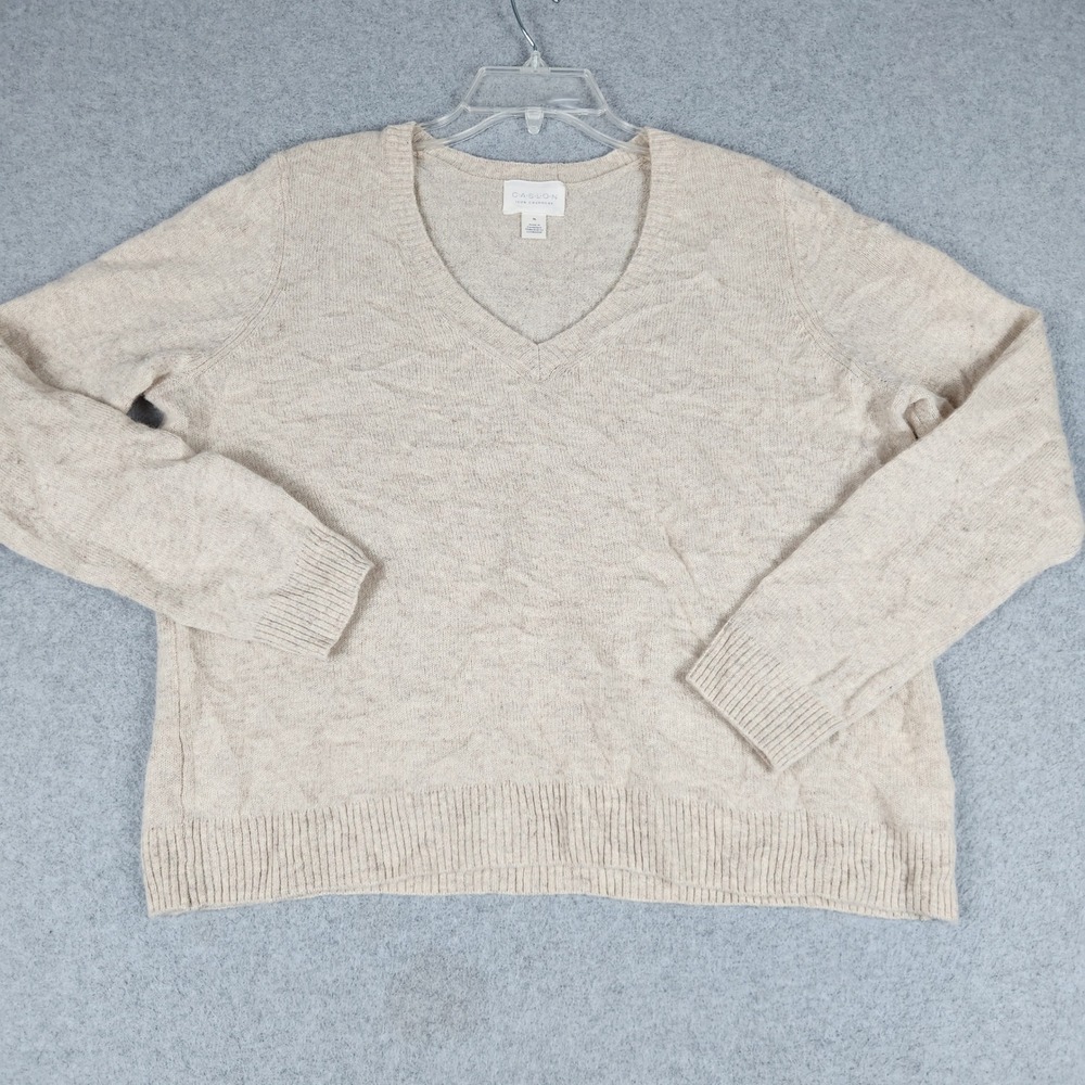 Caslon Sweater Women XL Oatmeal Cashmere Ribbed Knit Long Sleeve V-Neck Pullover